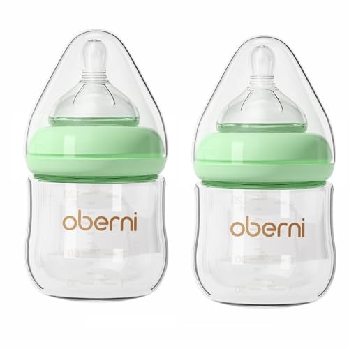 Image of Glass Baby Bottles,Anti Colic Breastfeeding Bottle with Natural Response Nipple Size S,Wide Neck Slow Flow Baby Bottle for Baby,Newborn,Preemie 0-3 0-6 Month,BPA Free (Green, 2 Pack, 4 Ounce)
