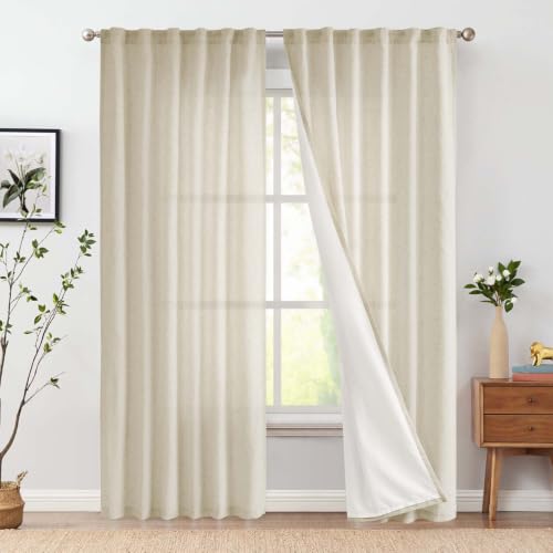 Image of jinchan Lined Linen Curtains Privacy Back Tab 50x90 Inch 2 Panels Oatmeal