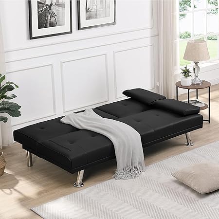 Futon Sofa Bed Metal Legs 2 Cupholders Removable Armrests Black Small Spaces