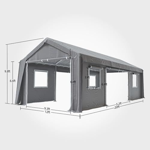 Image of 12x20FT Heavy Duty Carport Canopy 4 Roll-Up Doors & 4 Windows Portable Garage All-Season Outdoor Storage Shed for Car Truck Boat Shelter Party Tent, Gray