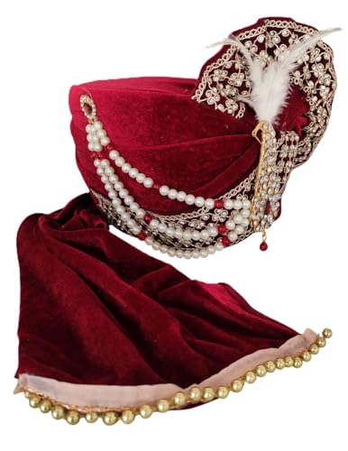 Image of BookMyCostume Dulha & Royal Wedding Turban Collection - Premium Silk, Velvet, Zari Work Safa with Kalgi & Brooch - Traditional Indian Dulha Pagdi /Sehra Perfect for Weddings & Role Plays for Men & Kids