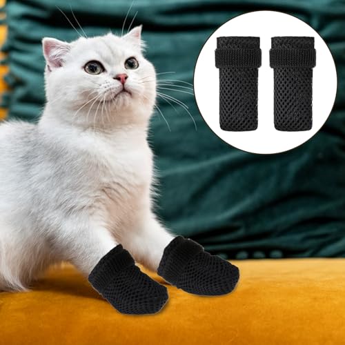 Image of Cat Claw Covers, 4 Packs Mittens to Prevent Scratching, Anti-Scratch Boots, Breathable Mesh Paw Covers, Adjustable Protectors Socks for Indoor Cats, Pet Bathing, Cutting Nails, Black, L