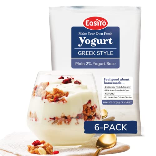 EasiYo Greek Style Plain 2% Yogurt Base (6-pack, 42 Servings) with Live Cultures | Easy & Fresh Homemade Yogurt | Use with EasiYo Maker | New Zealand Milk from Grass Fed Cows