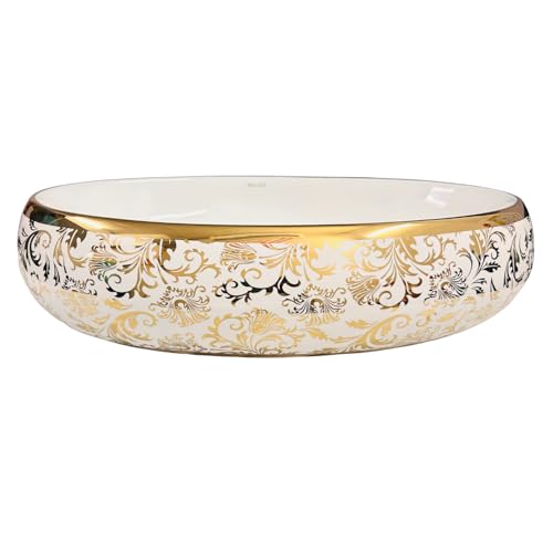 Image of Wallace Premium Countertop Wash Basin 60x40x15 cm | Oval Ceramic Table Top Sink | White Interior with Royal Gold Floral Pattern | Luxury Designer Vanity Wash Bowl