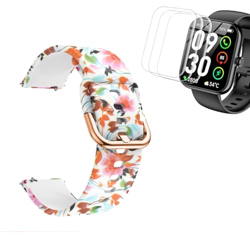 Tznzxm Replacement Bands Compatible with iTouch AIR 5 Smartwatch – 1.85”Screen Protector [3 PCS], Fashion Flower Adjustable Soft Silicone Colorful Pattern Quick Release Waterproof Wristband Straps