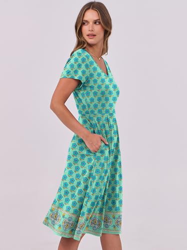 Image of ANRABESS Women Summer Dress Casual Short Sleeve V Neck A-Line Knee Length Pleated Flowy 2026 Fashion Midi Dresses with Pocket