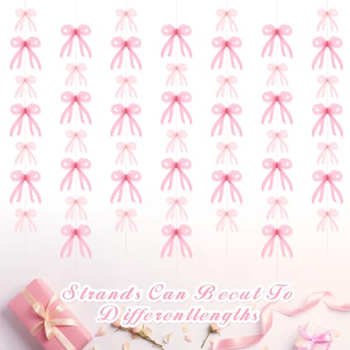Image of Yeaqee 4 Pcs Pink Bow Hanging Garland Banner, 3D Pink Bow Banner Party Decorations for Coquette Bachelorette Party, Coquette Birthday Decor, Baby Shower, Bridal Shower, Bowtie Decor