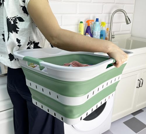 Image of SAMMART 42 (11 Gallons) Collapsible Plastic Laundry Basket, Foldable Pop Up Storage Container /Organizer, Space Saving Hamper, Portable Bin for Dorm Room Bathroom (1, Grey /Dark Sea Green)