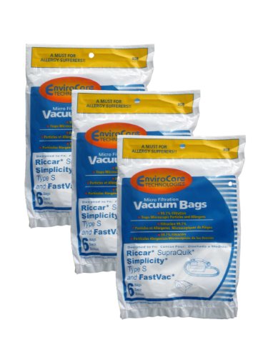 EnviroCare Replacement Micro Filtration Vacuum Cleaner Dust Bags for Riccar SupraQuik and Simplicity Type S and Fastvac 18 pack
