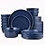 Asian Style Round 24 Piece Stoneware Dinnerware Set for 8 With Unique Lipped Edges Matte Glaze Finish | Pretty Dark Blue Color Durable Dishwasher Microwave Safe