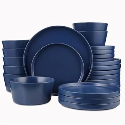 Asian Style Round 24 Piece Stoneware Dinnerware Set for 8 With Unique Lipped Edges Matte Glaze Finish | Pretty Dark Blue Color Durable Dishwasher Microwave Safe