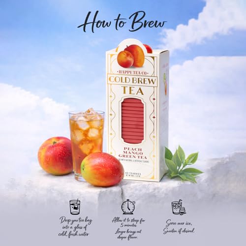 Image of Life Plus Style Gourmet Happy Tea Company Peach Mango Green Tea Naturally Refreshing Cold Brew Tea Low Caffeine No Sugar Added Enjoy 40 Individually Wrapped Iced Tea Bags