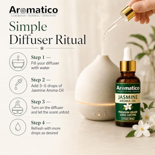 Image of AROMATICO Jasmine Diffuser Oil for Long-Lasting - Natural Home Fragrance Oil for Aromatherapy, Meditation & Concentration | Versatile Use in Diffusers, Air Fresheners 30ml