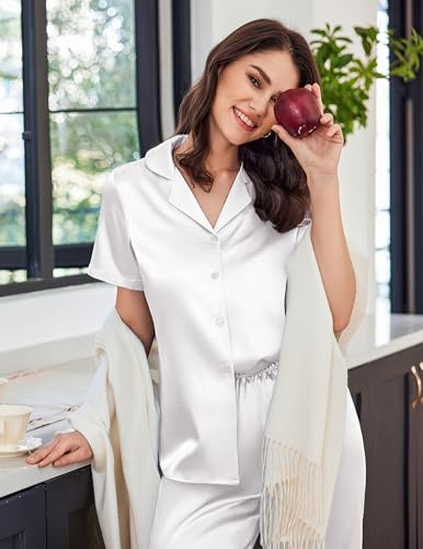 Image of Ekouaer Womens Satin Pajamas Silk Capri Pjs 2 Piece Lounge Sets Short Sleeve Button Down Sleepwear