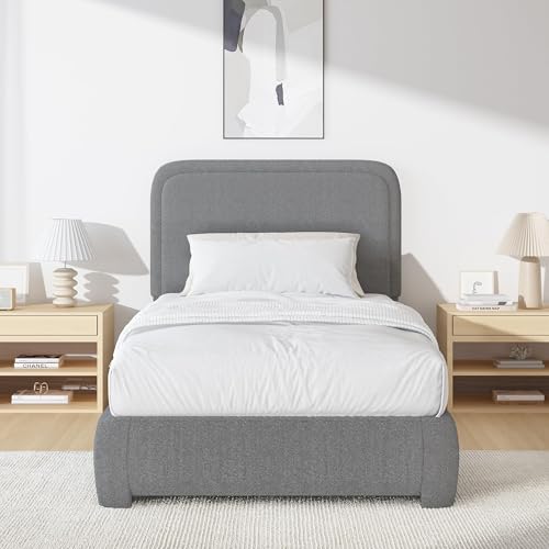 Image of BarnFurin Twin Size Bed Frame, Boucle Upholstered Platform Bed Frame with Headboard, Soft Rounded Corners, No Box Spring Required, Non-Slip and Noise-Free, Easy Assembly, Light Grey