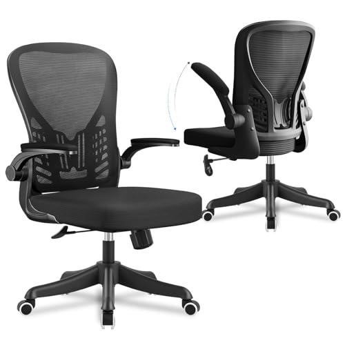 Silla de Oficina Ergonómica con Soporte Lumbar Regulable, Brazos Abatibles 90°, Tapicería de Malla Transpirable, Altura Regulable y Función Basculante para Oficina en Casa y Estudio, Negro