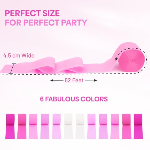 Image of 12 Pink Streamers, 984ft Pack of Crepe Paper Bachelorette Party Decorations | Each roll is 82 ft long and 1.8 Inch wide ideal for Birthday Party Decor, Baby showers and Bachelorette Parties