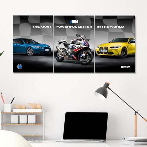 Image of BMW S1000RR Poster | BMW M4 Poster Split Design Cars | M1000RR 3 A3 Sized Car Posters for Wall | Large Size (89 x 42 cm) Sportscar Superbike Wall Art | Bike M4 M3 Car Posters for Wall, Room, Study Table