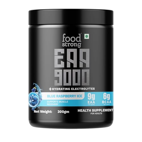 Image of Foodstrong EAA 9000 with Hydrating Electrolytes, Blue Raspberry Ice Flavour, 9g Essential Amino Acids (EAA) & 6g BCAA Per Serving - Supports Muscle Recovery & Rehydration - 300g, 25 Servings