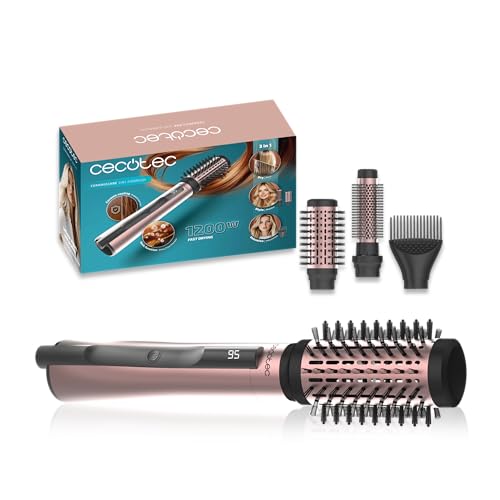 Cecotec Cepillo de Aire con Función Iónica CeramicCare 3in1 AirBrush. 1200W, Seca, Moldea y Da Volumen, Pantalla, Revestimiento de Cerámica, 3 Modos de Calor, Cepillos de 50 mm, 33 mm y Voluminizador