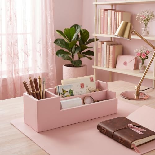 Image of Wooden Desk Organiser with Pen Holder, Mobile & Tablet Stand, Card Holder - Multi-Compartment Office Desk Organizer for Study Table, Bedside Table & Living Room |Pink Finish
