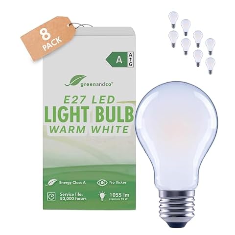 greenandco 8x żarówka LED | matowa | E27 A60 | 5W 1055lm | zastępuje 75W | 2700K ciepła biel | 320° | 230V | bez migotania | klasa efektywności energetycznej A | bez możliwości ściemniania