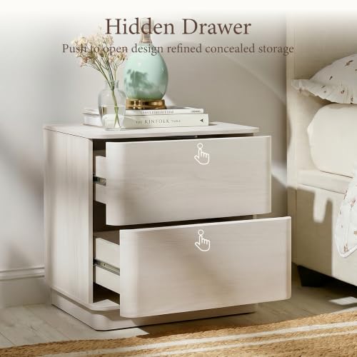 Image of Yechen Night Stand Set of 2 with 2 Push to Open Hidden Drawers Storage | Bedside Table, 22'' Wooden Modern End Table, Mid Century Bedside Table for Bedroom, Curved Profile, White Grey