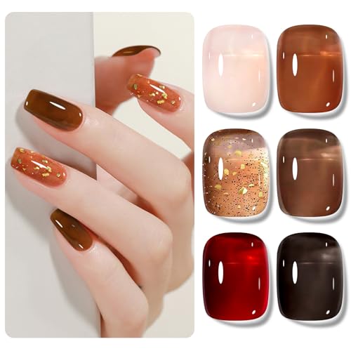 Shining She Esmaltes Semipermanentes de Uñas en Gel UV LED,6 Colores Cristal Jelly Nude Rosa Marrón Caramelo Rojo Negro Otoño Invierno Pintauñas Semipermanentes para Novato Nail Art DIY,8ML