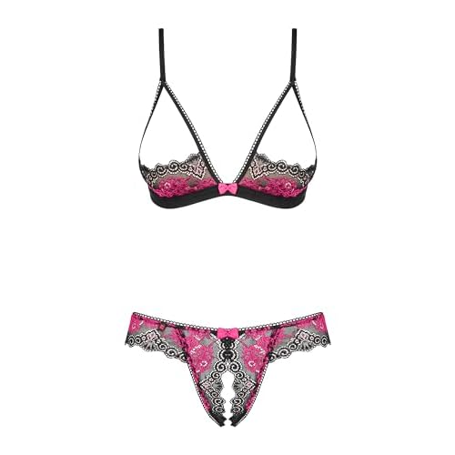 Selente Love & Fun verführerisches 3-teiliges Damen Unterwäsche-Set aus BH, Slip & exklusiver Satin-Augenbinde, Made in EU (S/M, schwarz-Magenta)