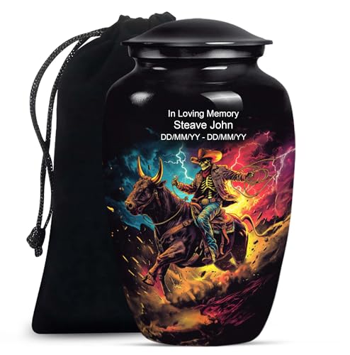 Image of Personalized Cowboy - Ashes Urns Human Remains - Decorative Urn - 10 Inch - Large With Velvet Bag - Funeral Urn For Mom & Dad - Burial Urns - Human Cremation Urn - Unique Urn For Human Ashes