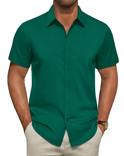 ROUWELL Mens Button Up Shirts Short Sleeve Solid Stretch Stain Shield Dress Shirt Slim Fit Business Formal Tops Green Small