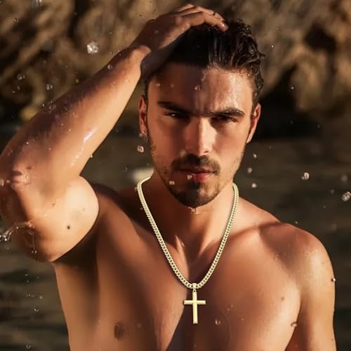 14K Gold Plated Beveled Edge Cross Necklace for Men Women, 5mm Diamond Cut Gold over Sterling Silver Cuban Link Chain, Fashionable Men's Crucifix Pendant Chain Necklaces 16-30 Inches4