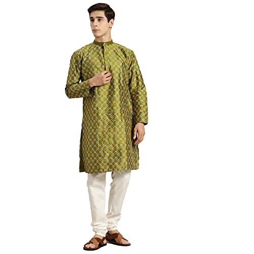 Image of SOJANYA, Men's Silk Blend NavyBlue Kurta with Multi Color Embroidery and Off-White Pyjama