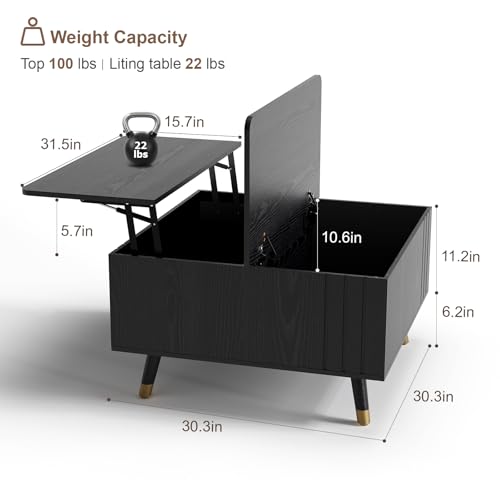 Image of JOINICE Square Lift Top Coffee Table with Storage for Living Room,Black | 32 inch Multi-functional Pop Up Center Table,Large Hidden Compartments with Solid Wood Legs,Lift to 23 inch,Hold 100lbs,Easy Assembly