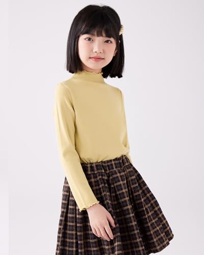 Image of ACESTAR Girls Solid Lettuce Trim Mock Neck Shirt Long Sleeve Slim Fit Ribbed Knit Tee Ruffle Tops Soft Base Layer