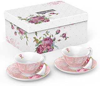 London Boutique Tea Cup and Saucer Set 2 Afternoon Tea Set New Bone China Vintage Flora Gift Box 200m (Pink)