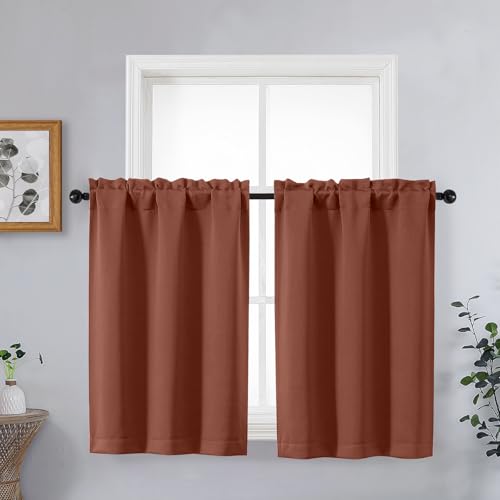 Image of Kitchen Curtains for Small Window Treatment, Light Filtering Short Cafe Curtains Over Sink, Half Window Drapes Tier for Bedroom Bathroom Rod Pocket, 2x40Wx36L Inches, Terracotta
