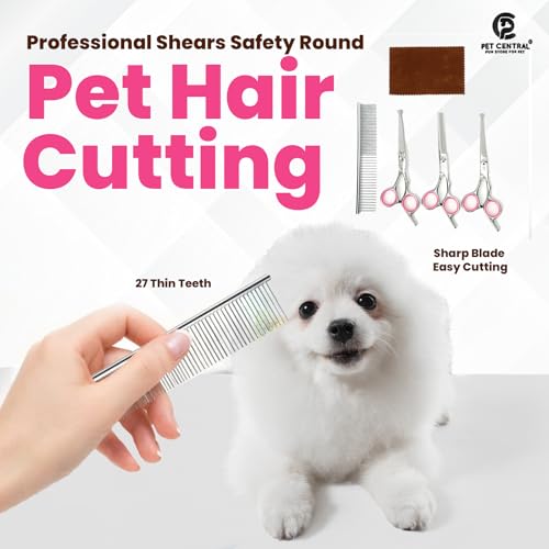Pet Central Dog Grooming Shears Set – Stainless Steel Professional Kit – Thinning, Straight, and Curved Shears – Grooming Comb – Cleaning Cloth – Leather Case – Rounded Safety Edges – 4 Pcs