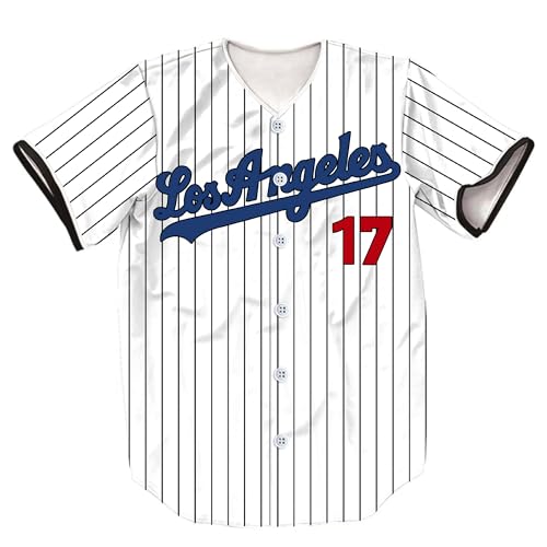 HOPSHION 17 Stripes Baseball Jersey Short Sleeve Button Shirts Gifts for Fans HF024-White-S