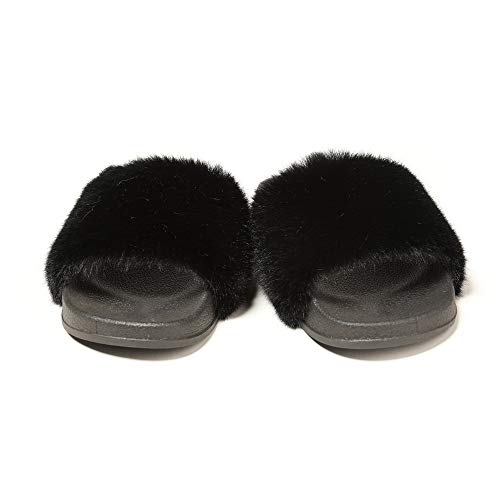 Fur Story Women's Faux Fur Slides for Outdoor Furry Leopard Print Fur Slipper Black - Thumbnail 2