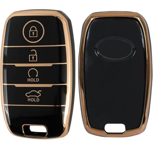 Image of TPU Car Key Cover Black & Golden Compatible for KIA Seltos,Sonet,Carens (KIA, 4 Button Push Smart Key New)