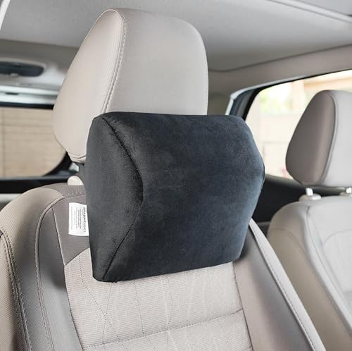 Image of amazon basics Car Seat, Office Chair Orthopedic Headrest Pillow, 100% Memory Foam - Neck, Cervical Pain Relief, Best for Long & Short Travel | Washable Cover, 1 Year Warranty | Black, 21.5 x 26.5 x 13 Cm