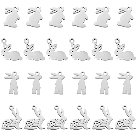 Beebeecraft 1 Box 24 Stück 4 Stil Edelstahl Kaninchen Osterhase Charms Metall Tier Anhänger Schmuck Findings Ohrringe Halskette Armband DIY Handwerk Cover