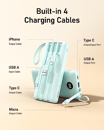 VEEKTOMX Power Bank 10000mAh Powerbank con Cavi Integrati Caricatore Portatile USB C Batteria Esterna con 5 Uscite e 2 Ingressi Compatibile con iPhone Samsung Huawei Xiaomi iPad Switch (Blu)