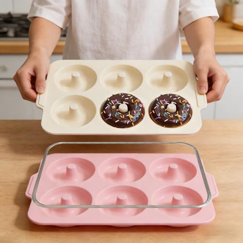 Toeusog Molde para donuts de silicona 2 piezas: molde para donuts 10,2 cm con 6 cavidades y marco metálico para hornear bagels sin azúcar. Accesorio de cocina antiadherente para hornear (rosa y beige)