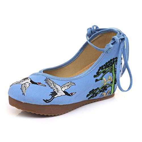 Qianmome Chinese Women's Red-Crowned Crane Embroidery Floral Strappy Round-Toe Platform Wedges