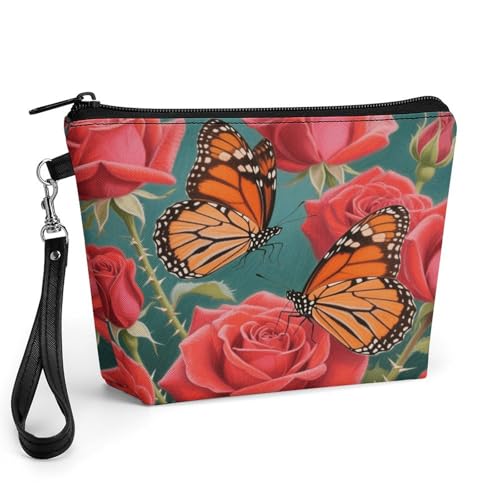 Bolsa de maquillaje de mariposa con acabados elegantes de piel sintética y cremallera