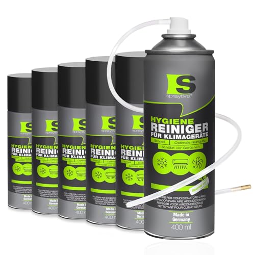 Spraytive 6 x 400ml Hygiene Reiniger für Klimageräte - Klimaanlagenreiniger für Auto & Haus, Geruchsentferner Spray, langanhaltend, erfrischend, Haus-Klimaanlage reinigen, mit Schlauch & Messingdüse Spraytive 6 x 400ml Hygiene Reiniger für Klimageräte - Klimaanlagenreiniger für Auto & Haus, Geruchsentferner Spray, langanhaltend, erfrischend, Haus-Klimaanlage reinigen, mit Schlauch & Messingdüse