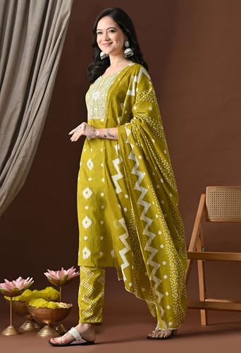 Image of Amazon Brand - Tavasya Women Cotton Anarkali Kurta Pant Dupatta Set | Printed Ethnic Suit Set | Flared Anarkali Kurta with Pant & Dupatta | Festive & Casual Wear