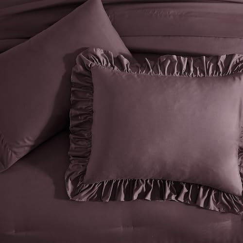 Image of Twin XL Comforter Set Dark Purple Ruffle 5 Pieces Bed in a Bag for Dorm | Farmhouse Shabby Chic Fluffy Bedding Sets with Sheets, Pillowcase & Sham